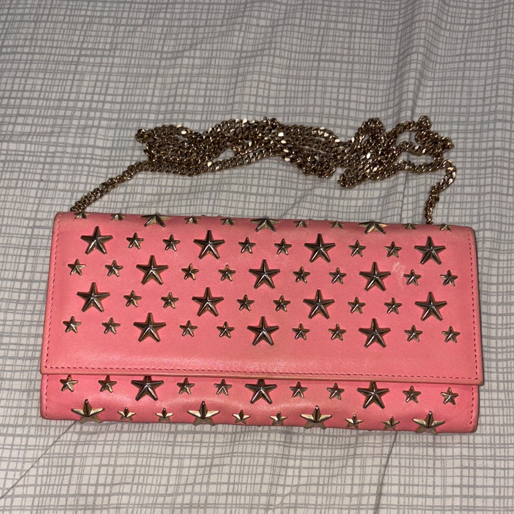 Jimmy Choo Pink Star-Studded Clutch with Gold Chain